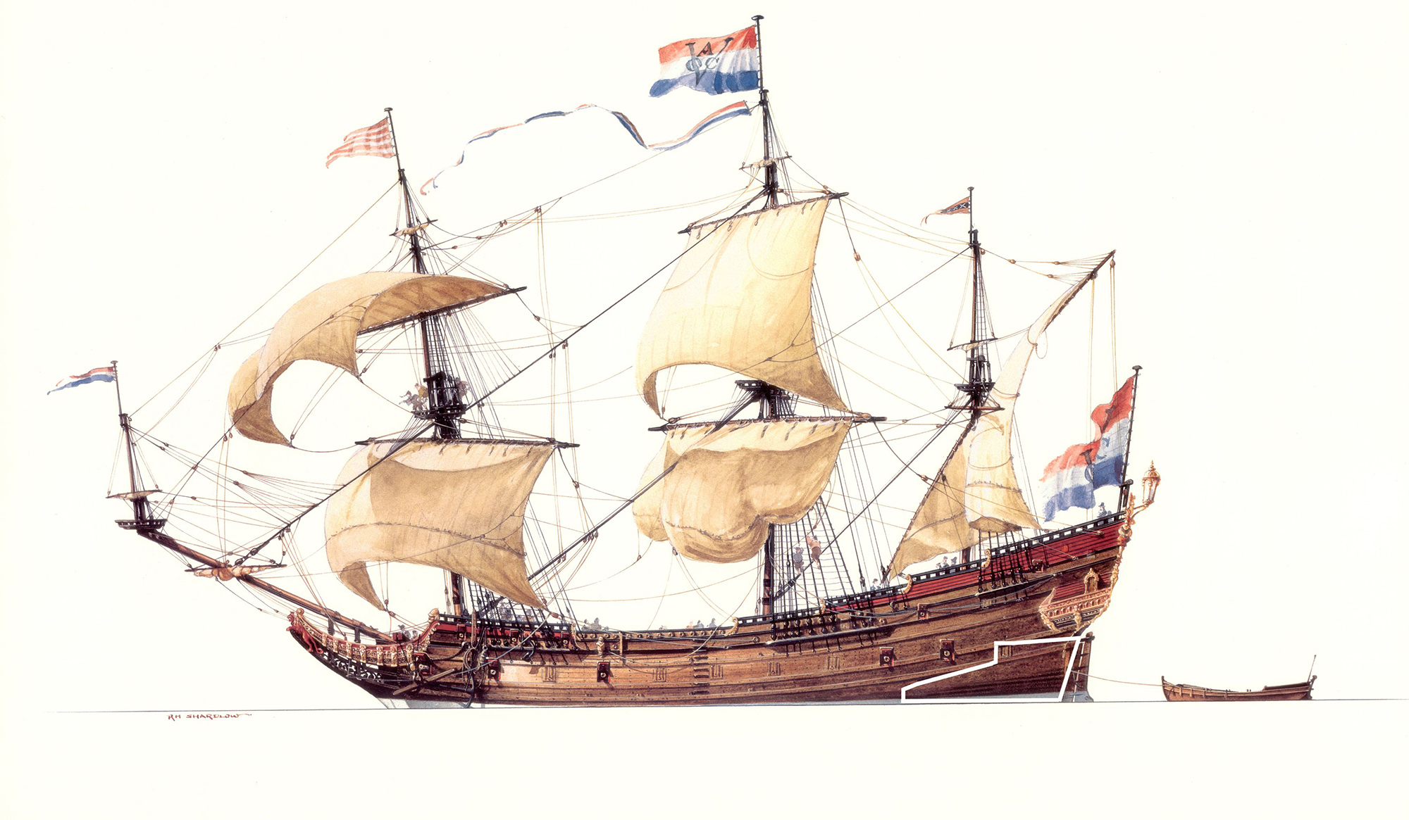 A VOC (Dutch East India Company) ship damaged by fire at the wharf